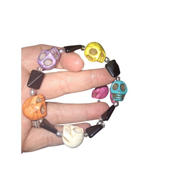 Handmade Beaded Wrap Bracelet & Earrings Colorful Rainbow Skull Set Candy Skull - Picture 1 of 4